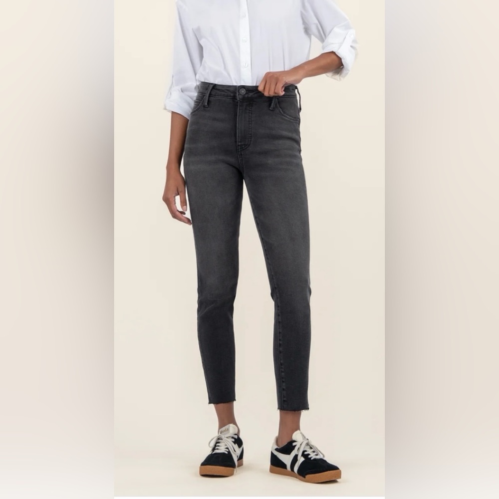 Kut from the Kloth black raw hem jeans size 14P Charlize High Rise Cigarette Leg